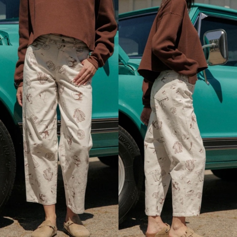 CALI 1850 Beige Western Patterned Barrel Wide-Leg Pants Size 5